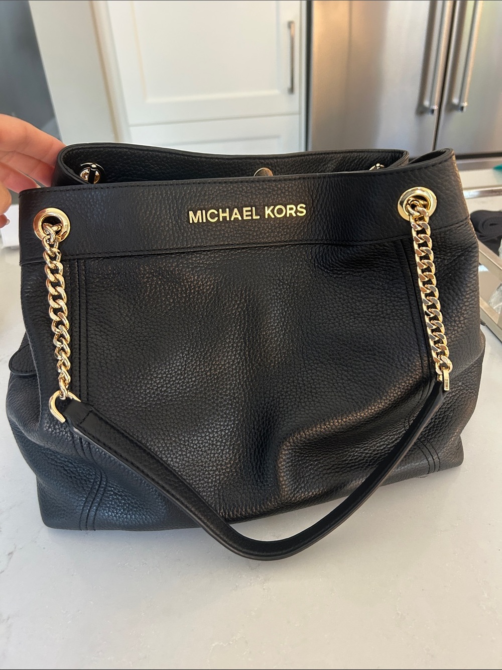 Michael Kors Black Leather Shoulder Bag with Gold Chain Strap